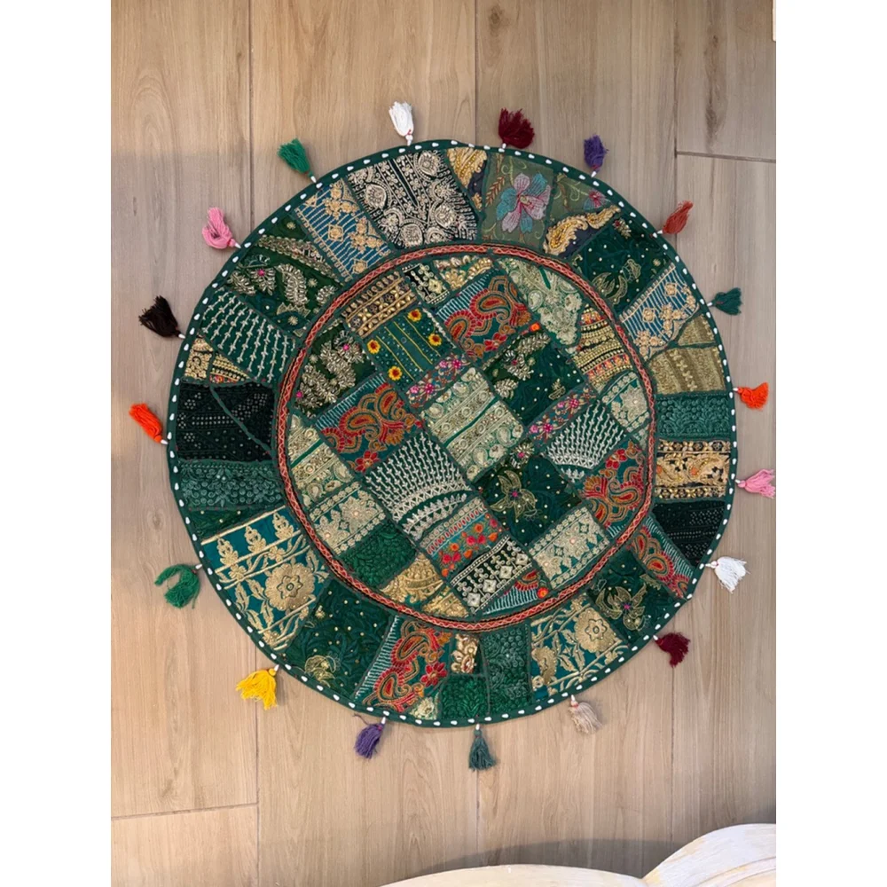 NEW Indian Handmade Patchwork Floor Cushion Round Pouf Cover 32”